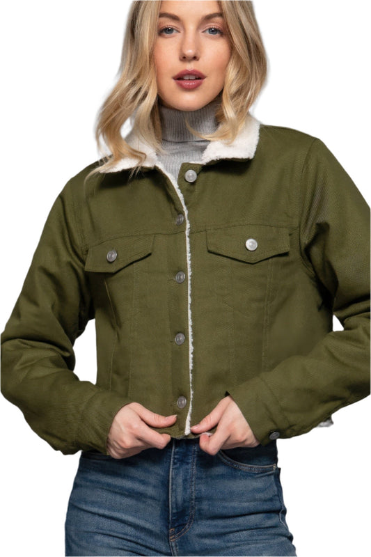 Button Closure Sherpa-lined Twill Jacket