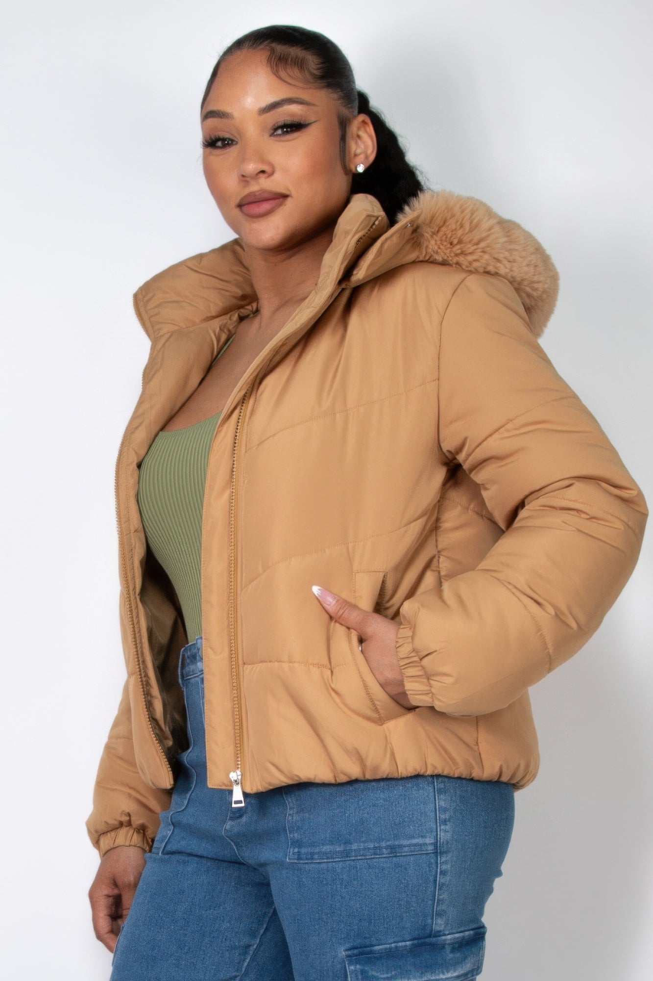 Insulated Zip-up Faux Fur Hooded Jacket - Nova Store