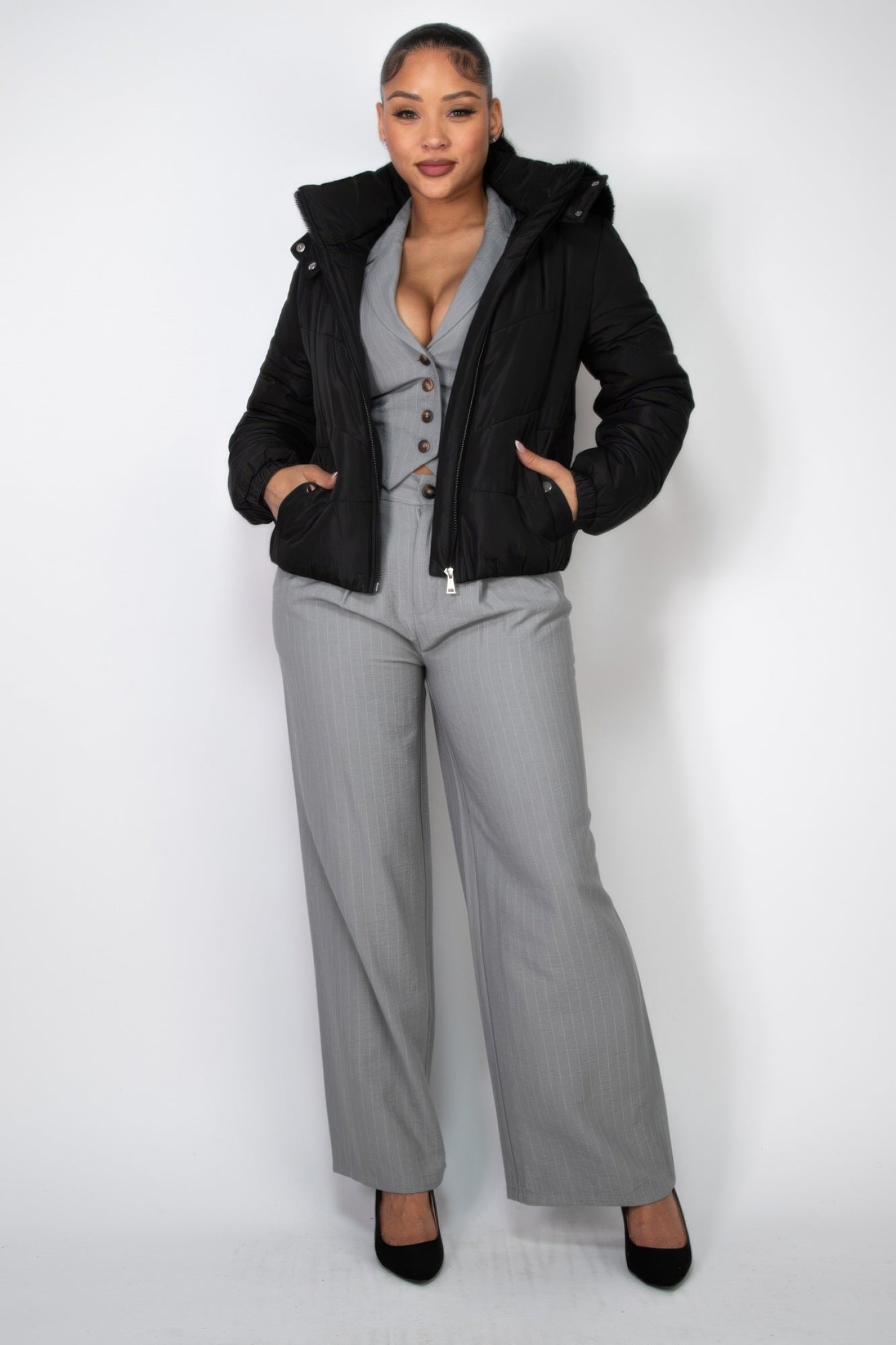 Insulated Zip-up Faux Fur Hooded Jacket - Nova Store