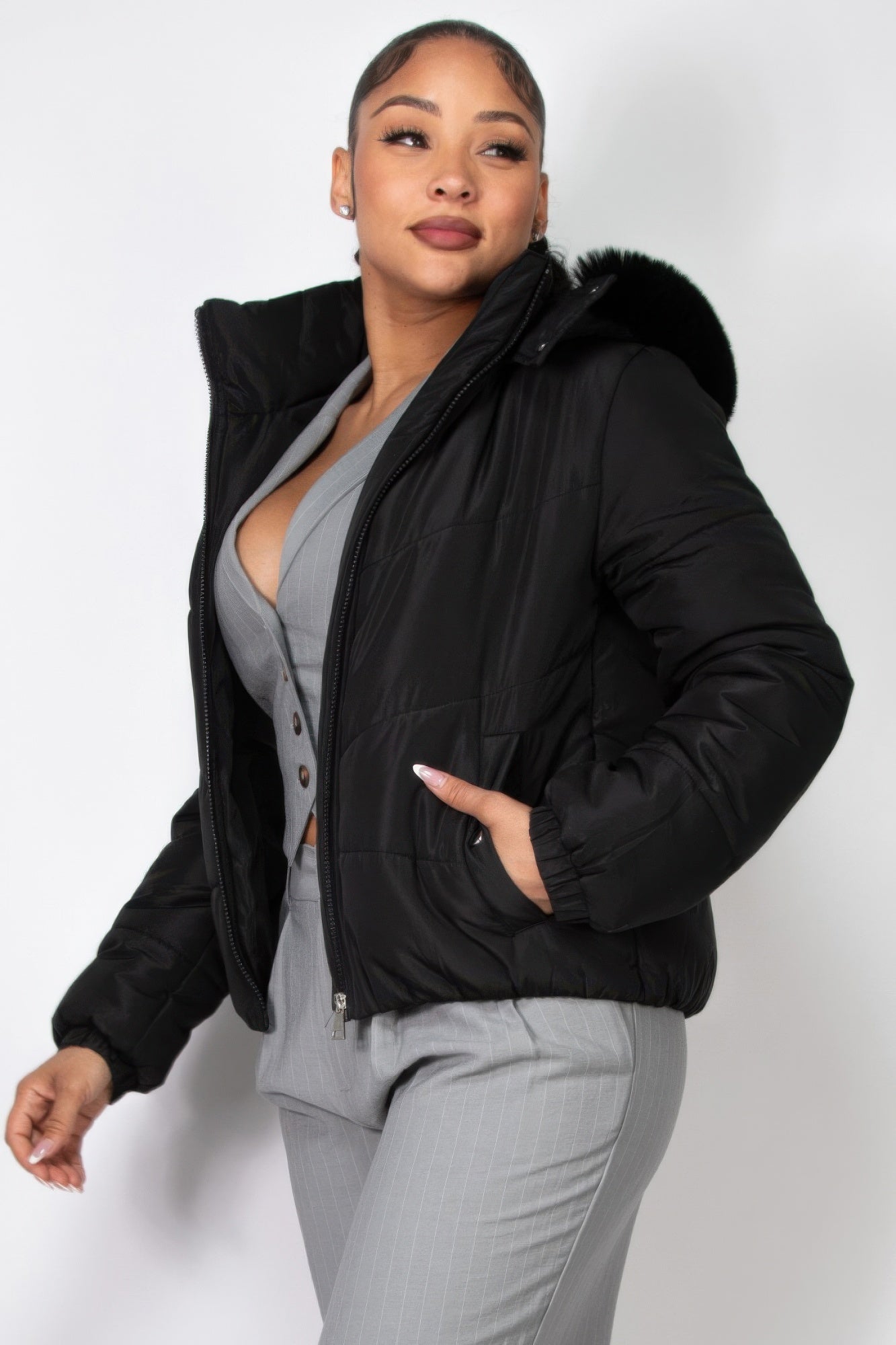 Insulated Zip-up Faux Fur Hooded Jacket - Nova Store