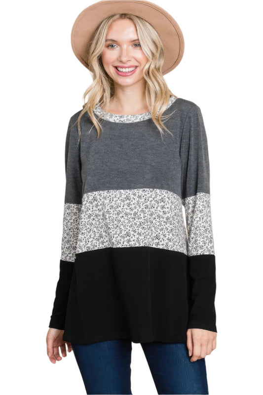 Colorblock Floral Contrast Long Sleeve Top - Nova Store