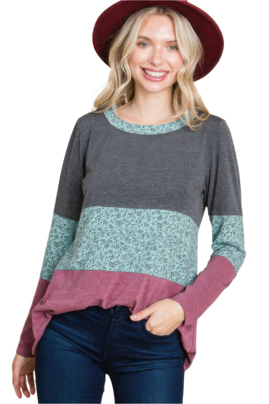 Colorblock Floral Contrast Long Sleeve Top