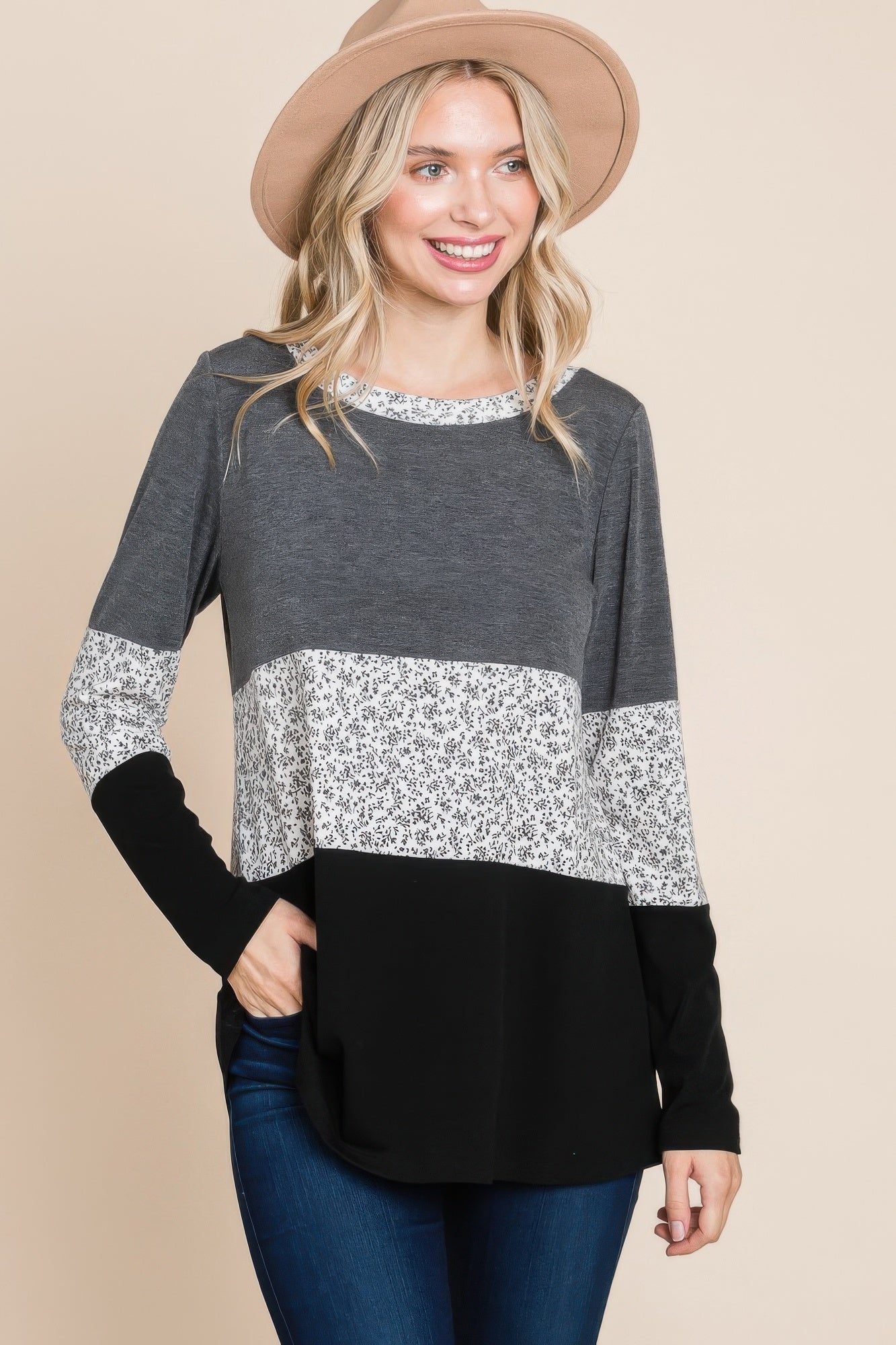 Colorblock Floral Contrast Long Sleeve Top - Nova Store