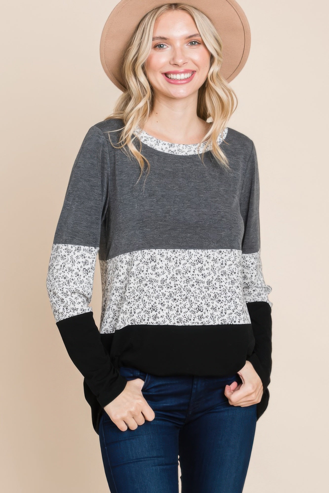 Colorblock Floral Contrast Long Sleeve Top - Nova Store