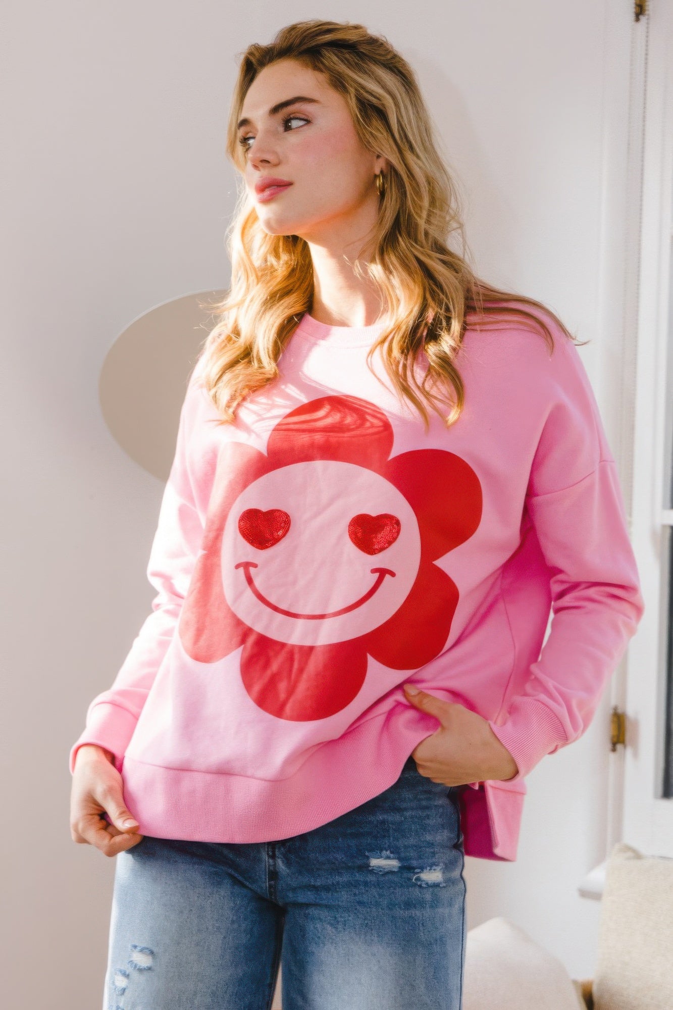 Smiley Flower Oversized Pullover