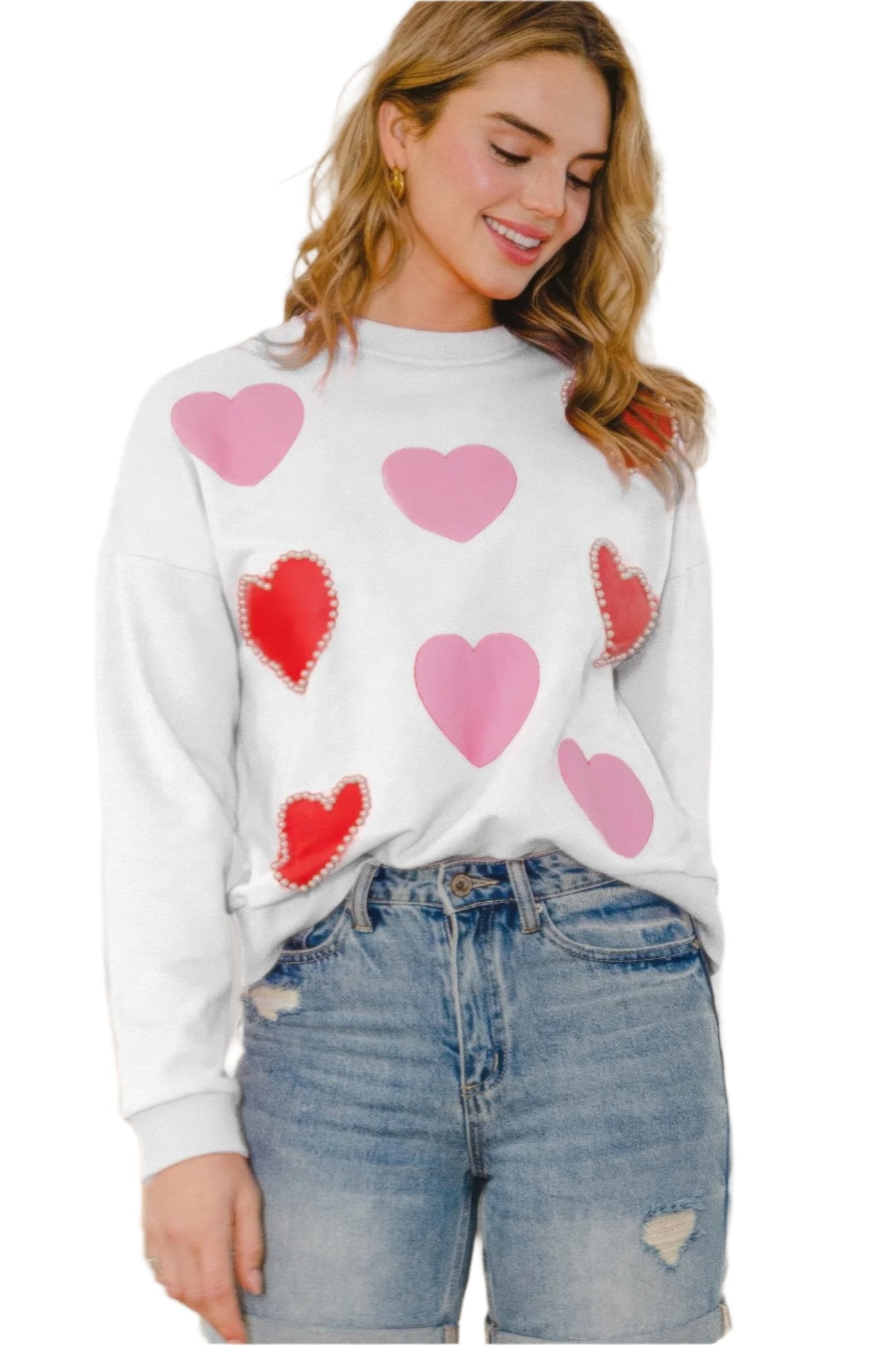 Heart Pattern With Pearl Embellished Sweatshirts