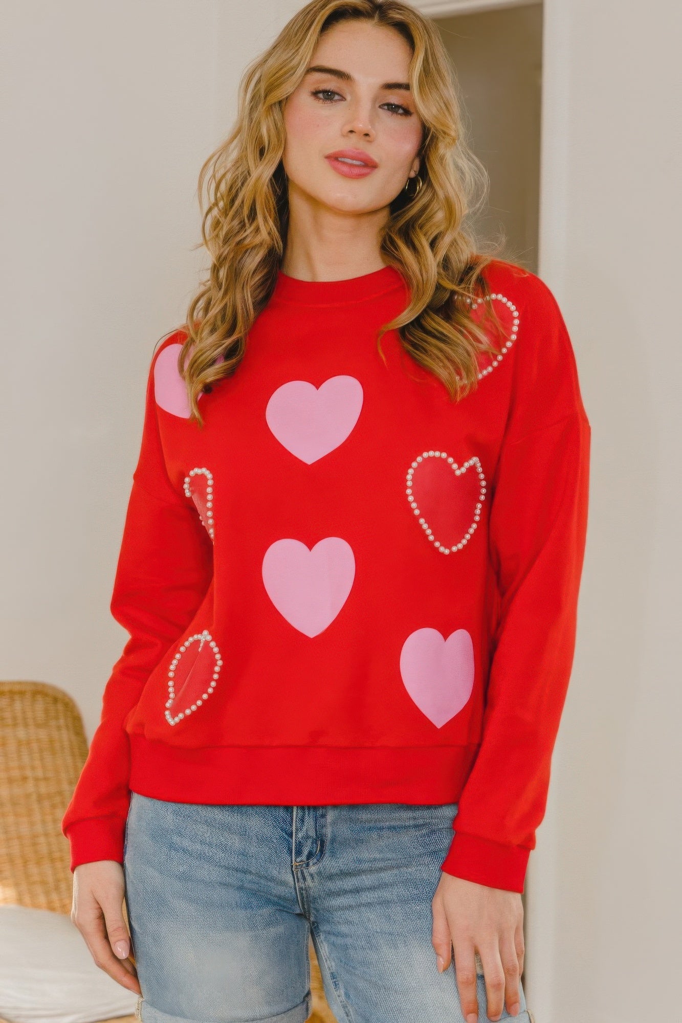 Heart Pattern With Pearl Embellished Sweatshirts - Nova Store