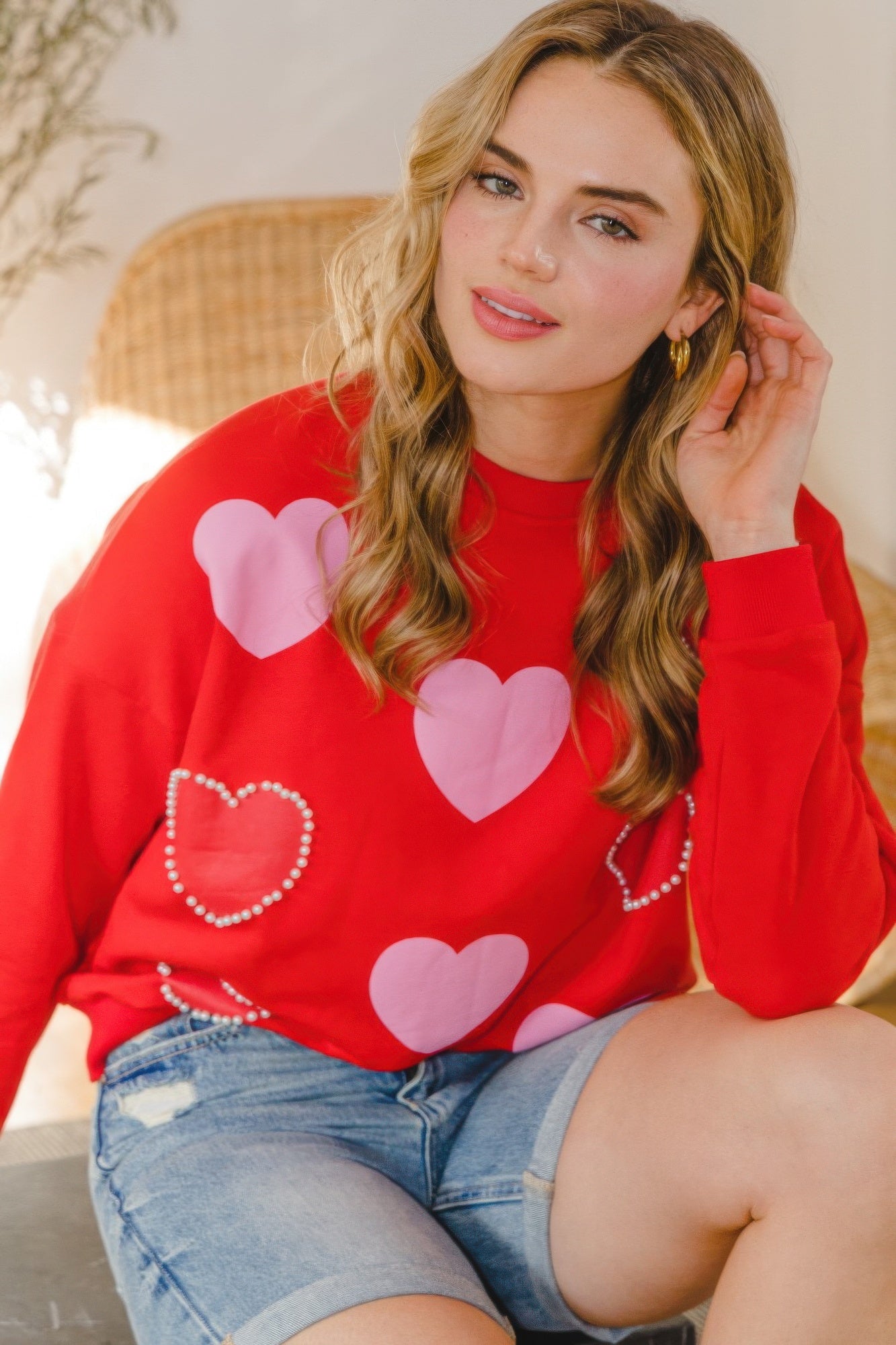 Heart Pattern With Pearl Embellished Sweatshirts - Nova Store
