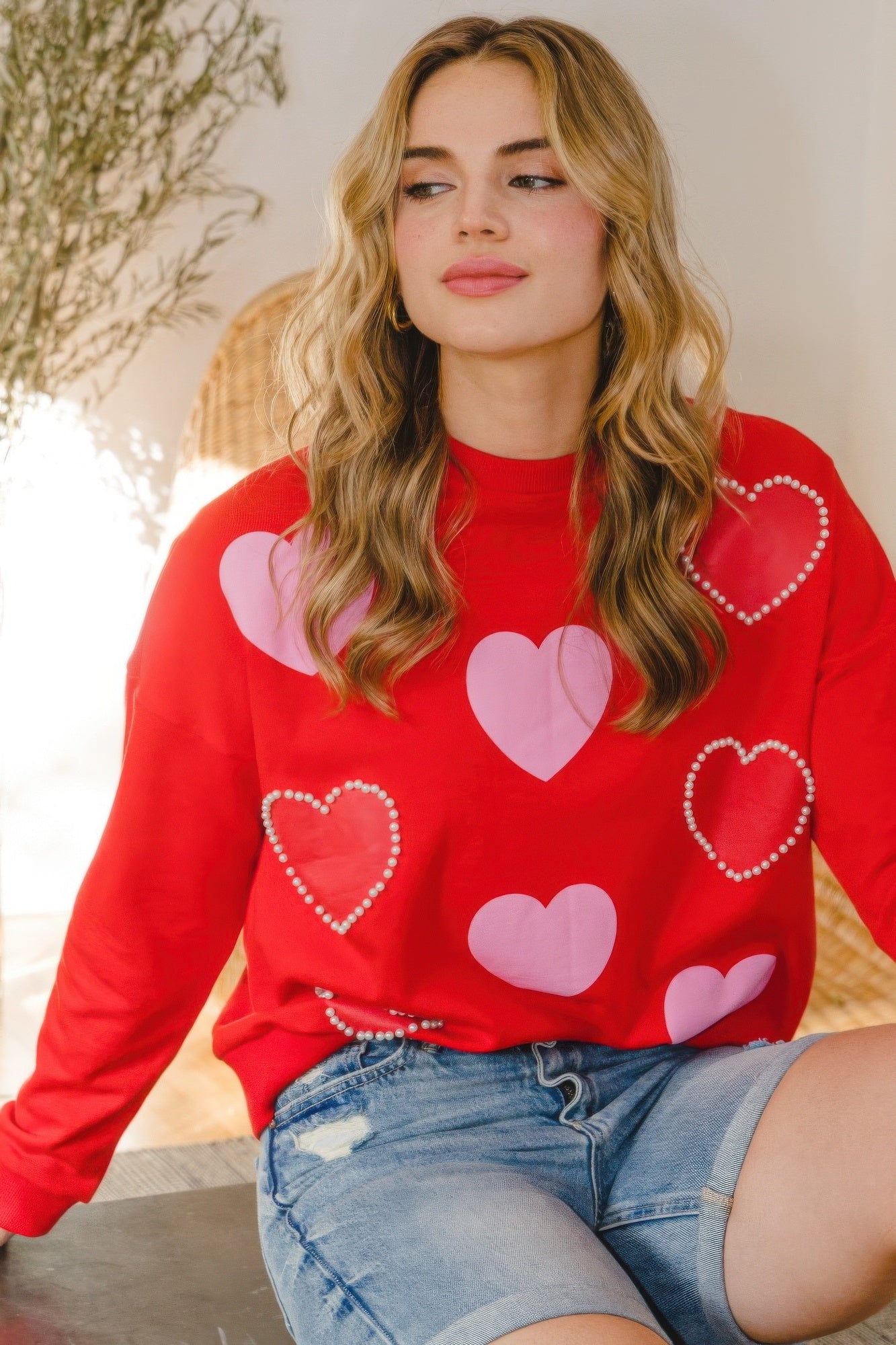 Heart Pattern With Pearl Embellished Sweatshirts - Nova Store