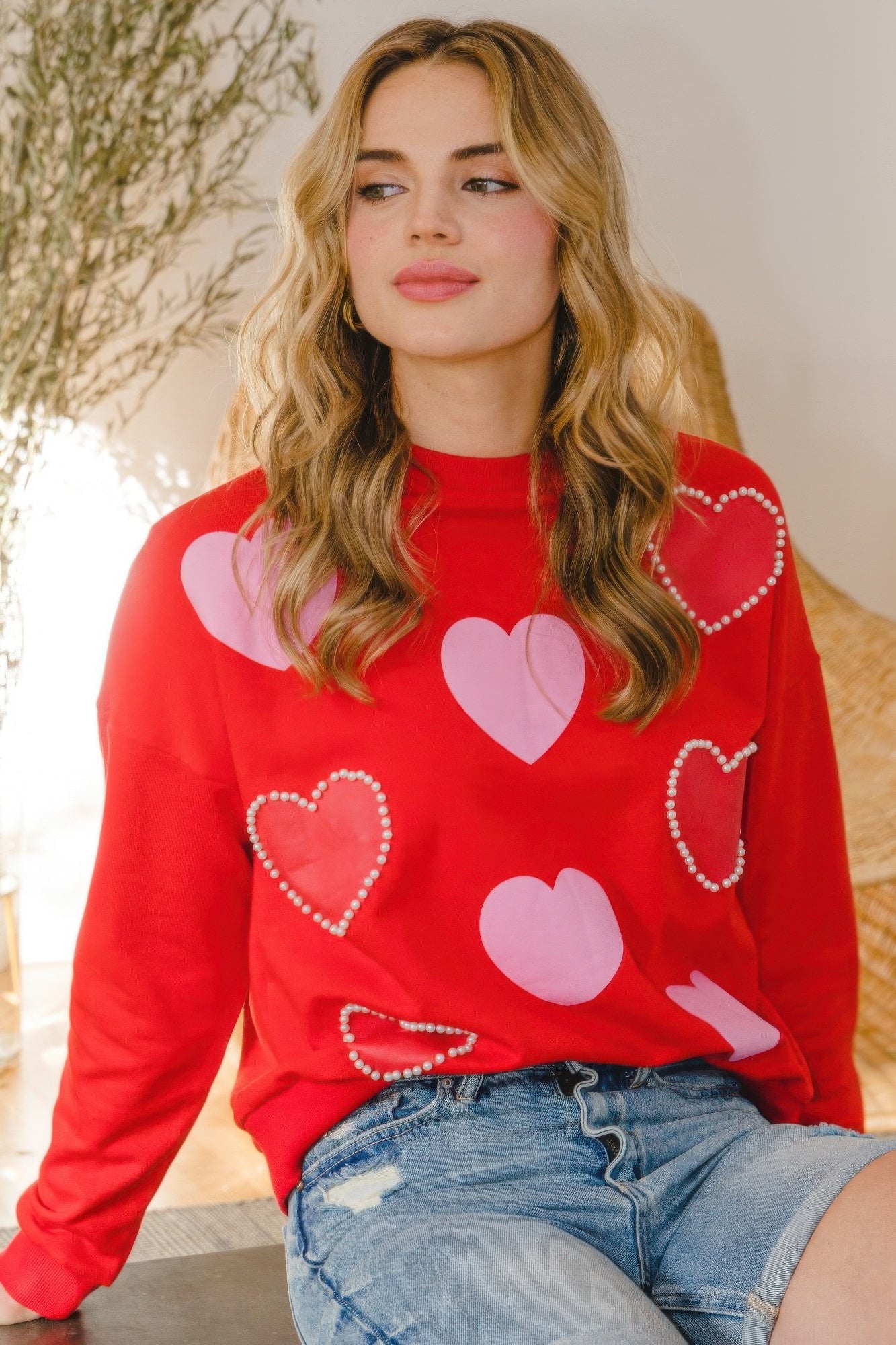 Heart Pattern With Pearl Embellished Sweatshirts - Nova Store
