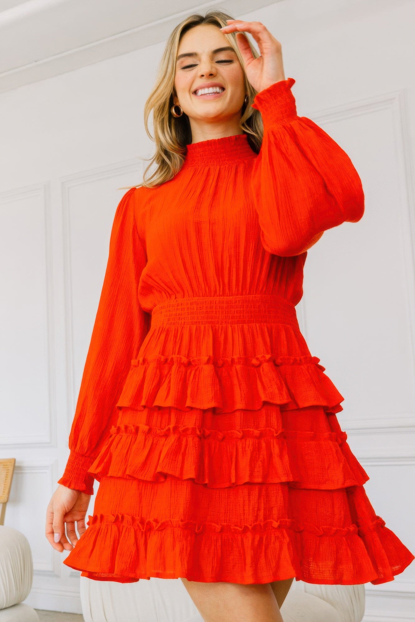Long Sleeve Smocked Neck Tiered Ruffle Mini Dress - Nova Store