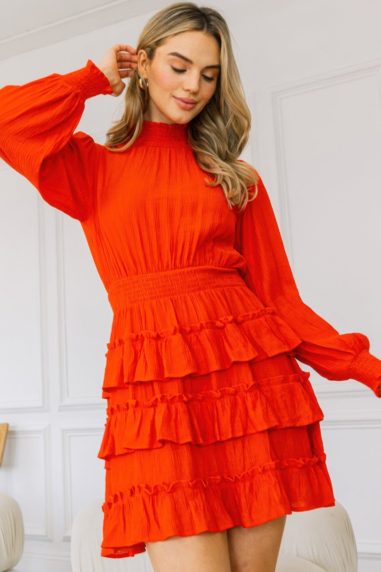 Long Sleeve Smocked Neck Tiered Ruffle Mini Dress - Nova Store
