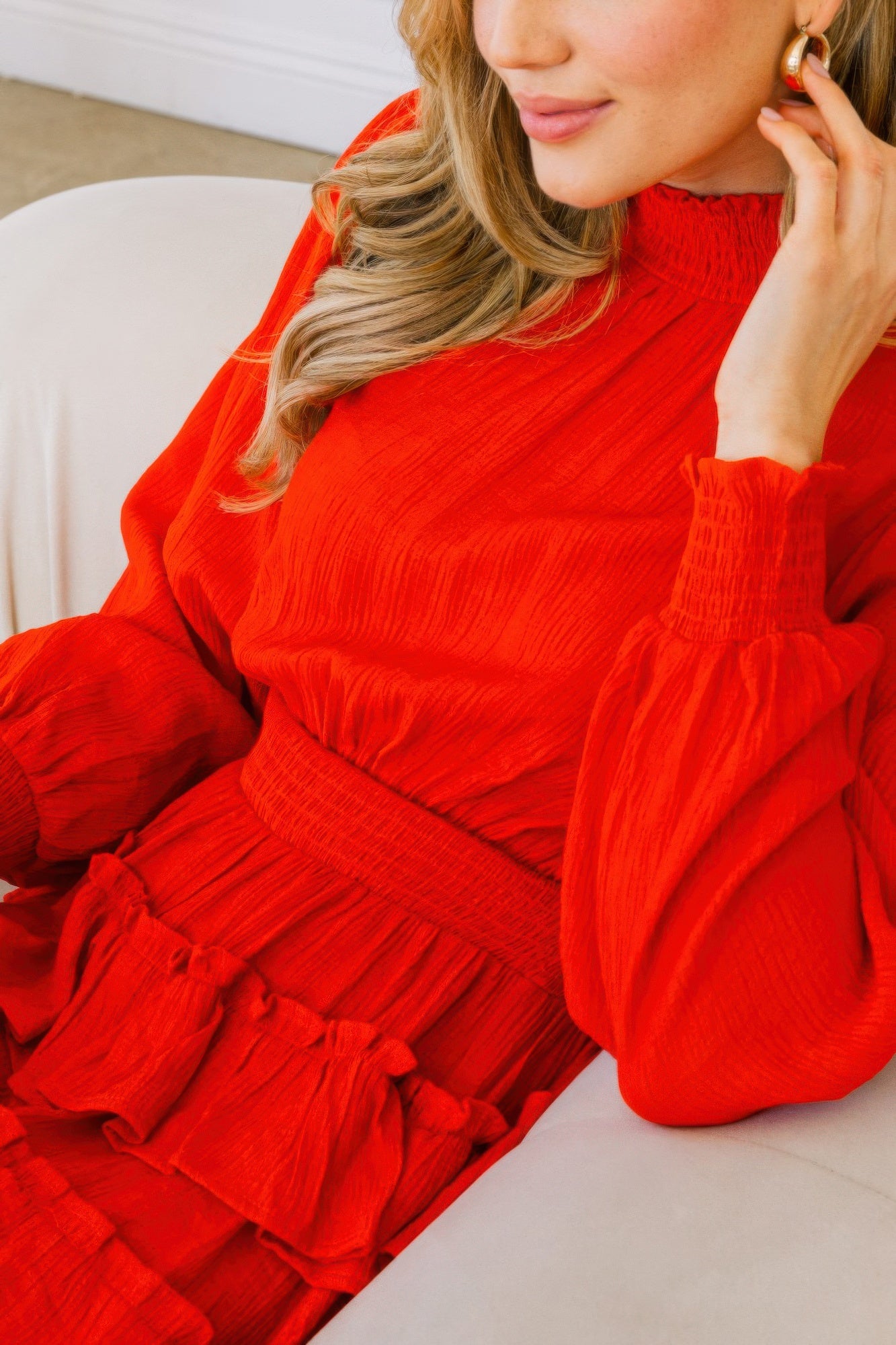 Long Sleeve Smocked Neck Tiered Ruffle Mini Dress - Nova Store