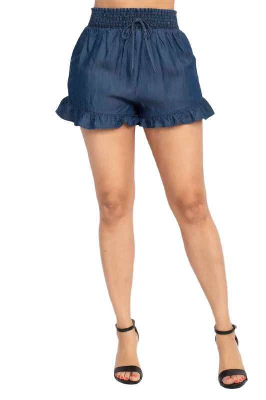 Smocked Waist Ruffled Denim Shorts