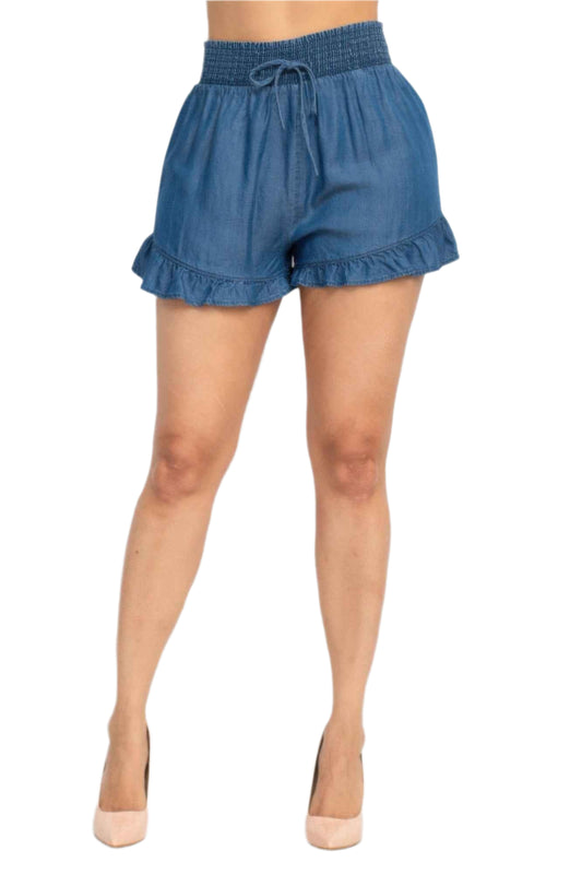 Smocked Waist Ruffled Denim Shorts