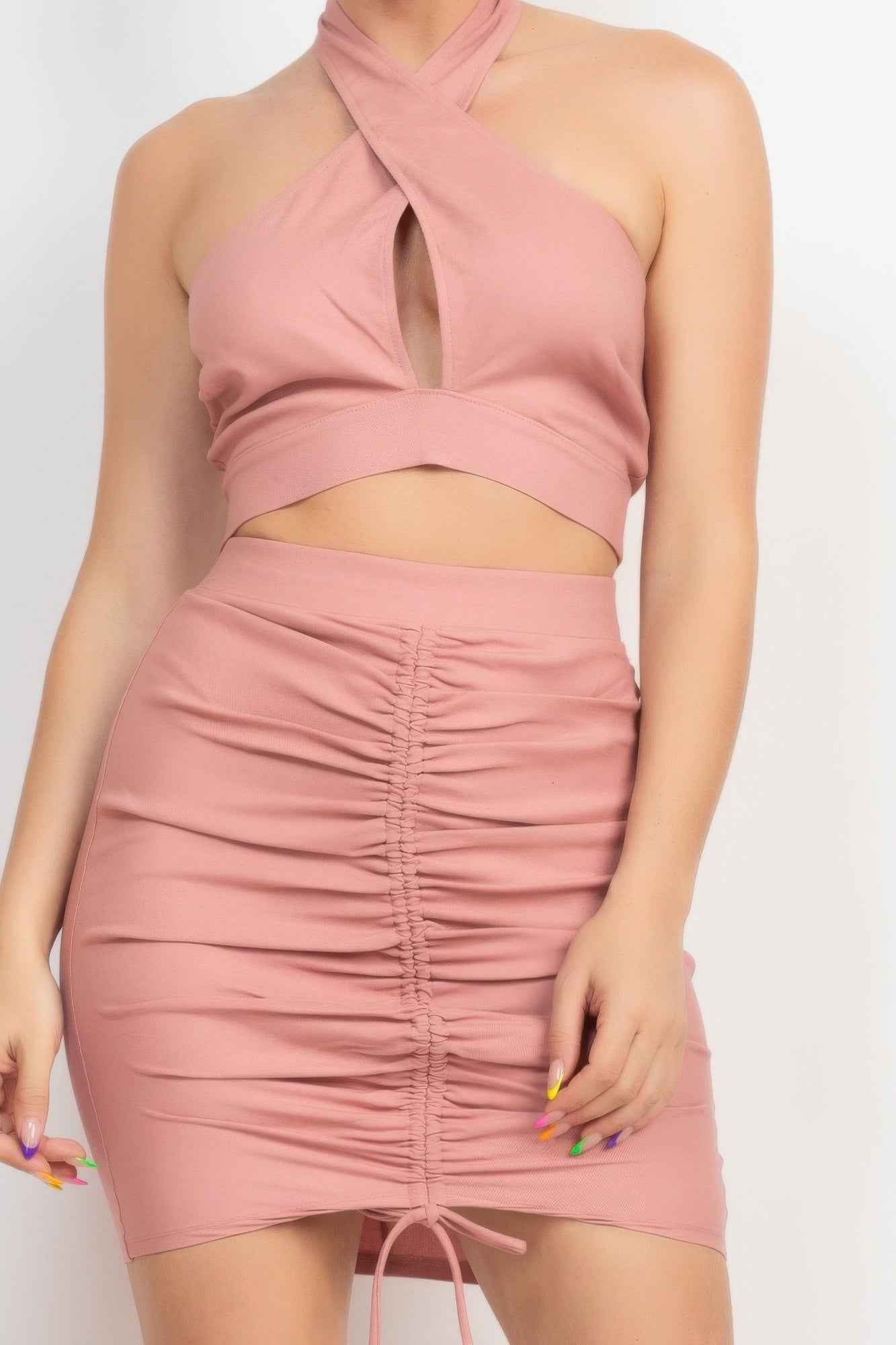 Cross Halter Top & Ruched Skirts Set
