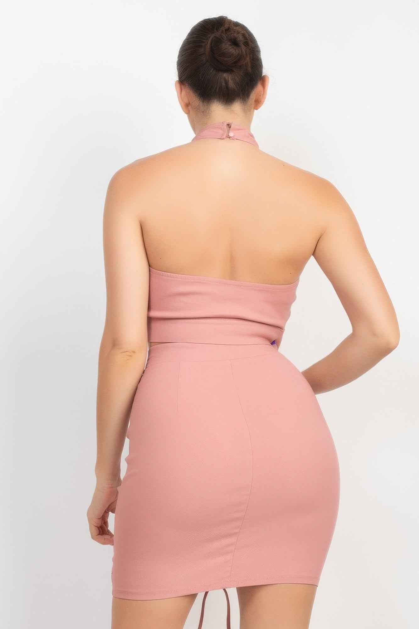 Cross Halter Top & Ruched Skirts Set