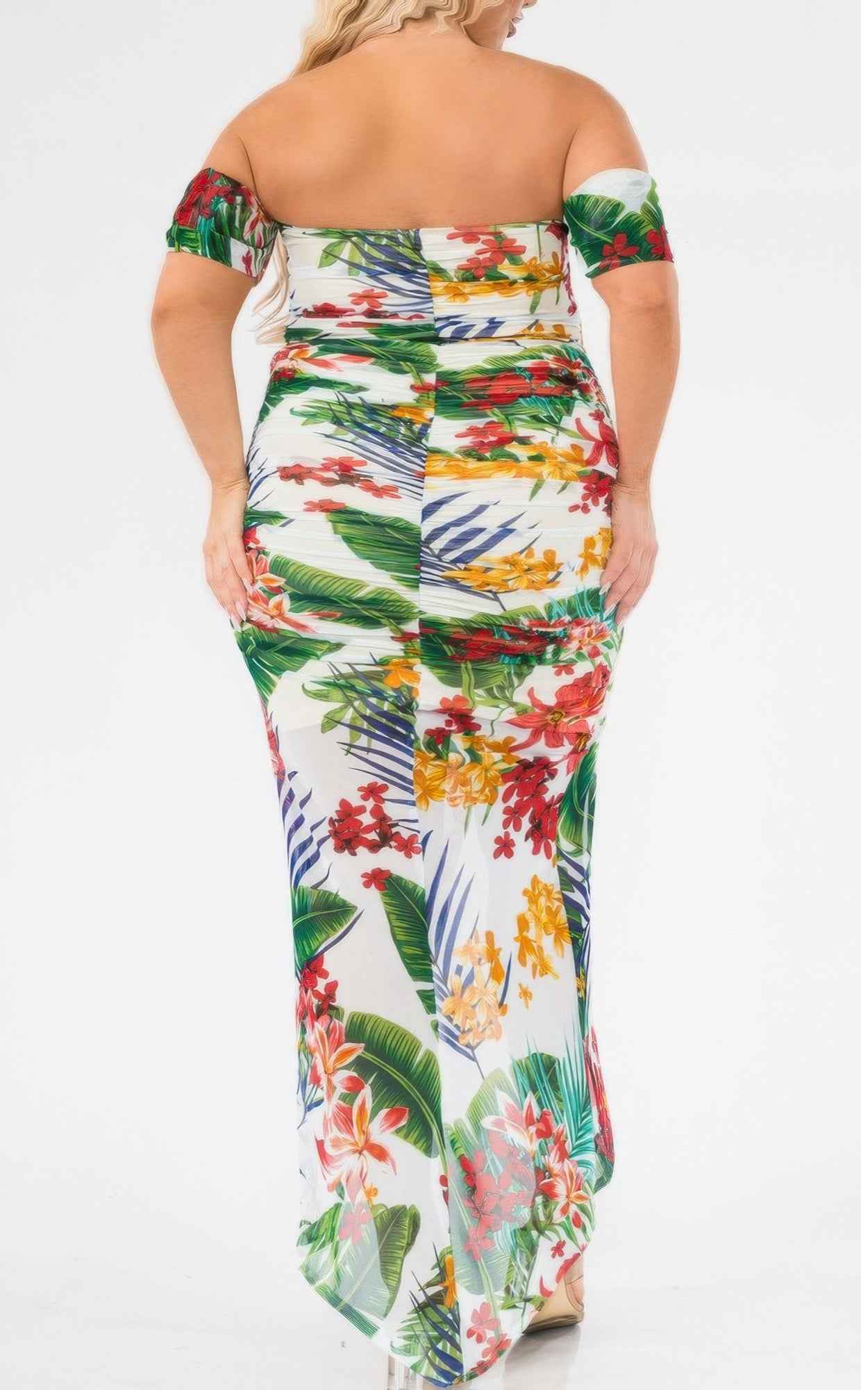 Plus Tropical Off Shoulder Draped Slv Maxi Dress