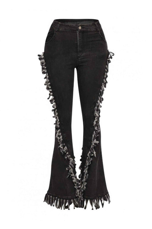 Distressed Fringe Denim Flared Pant