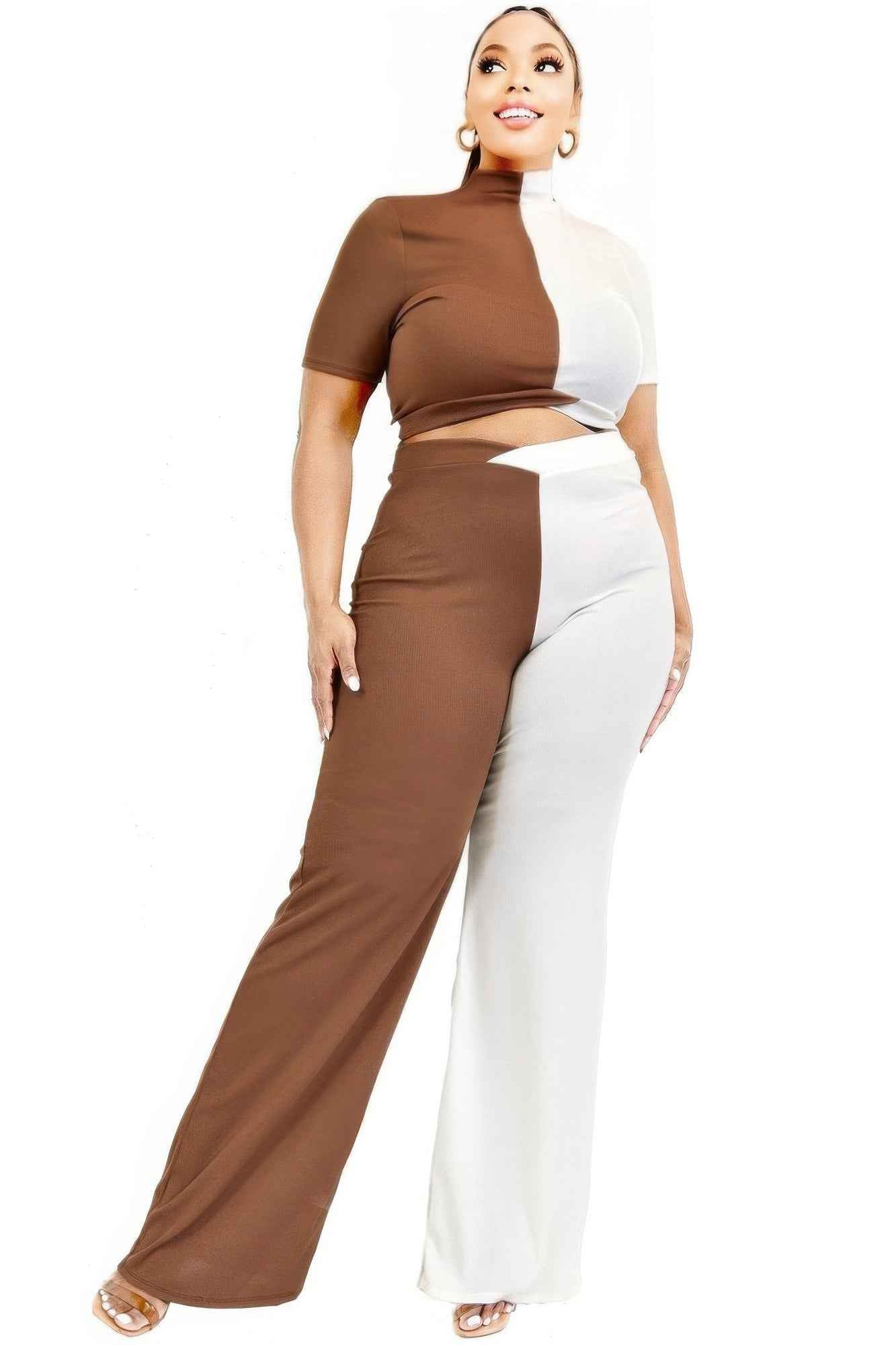 Plus Color Block Mock Neck 2 Piece Pants Set