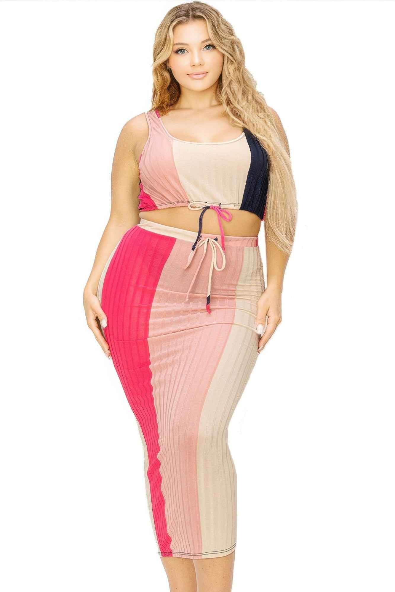 Plus Sleeveless Color Block 2 Piece Skirt Set