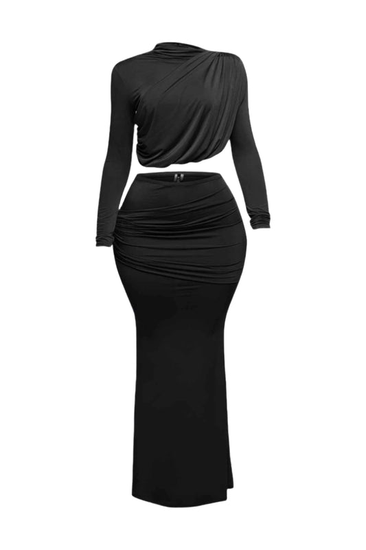 Plus Size Shirring Detailed Top & Long Skirt Set