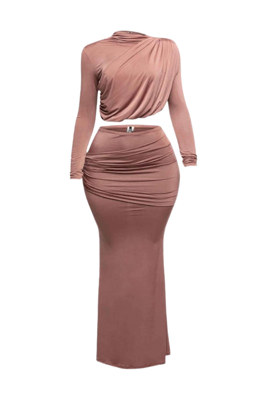 Plus Size Shirring Detailed Top & Long Skirt Set
