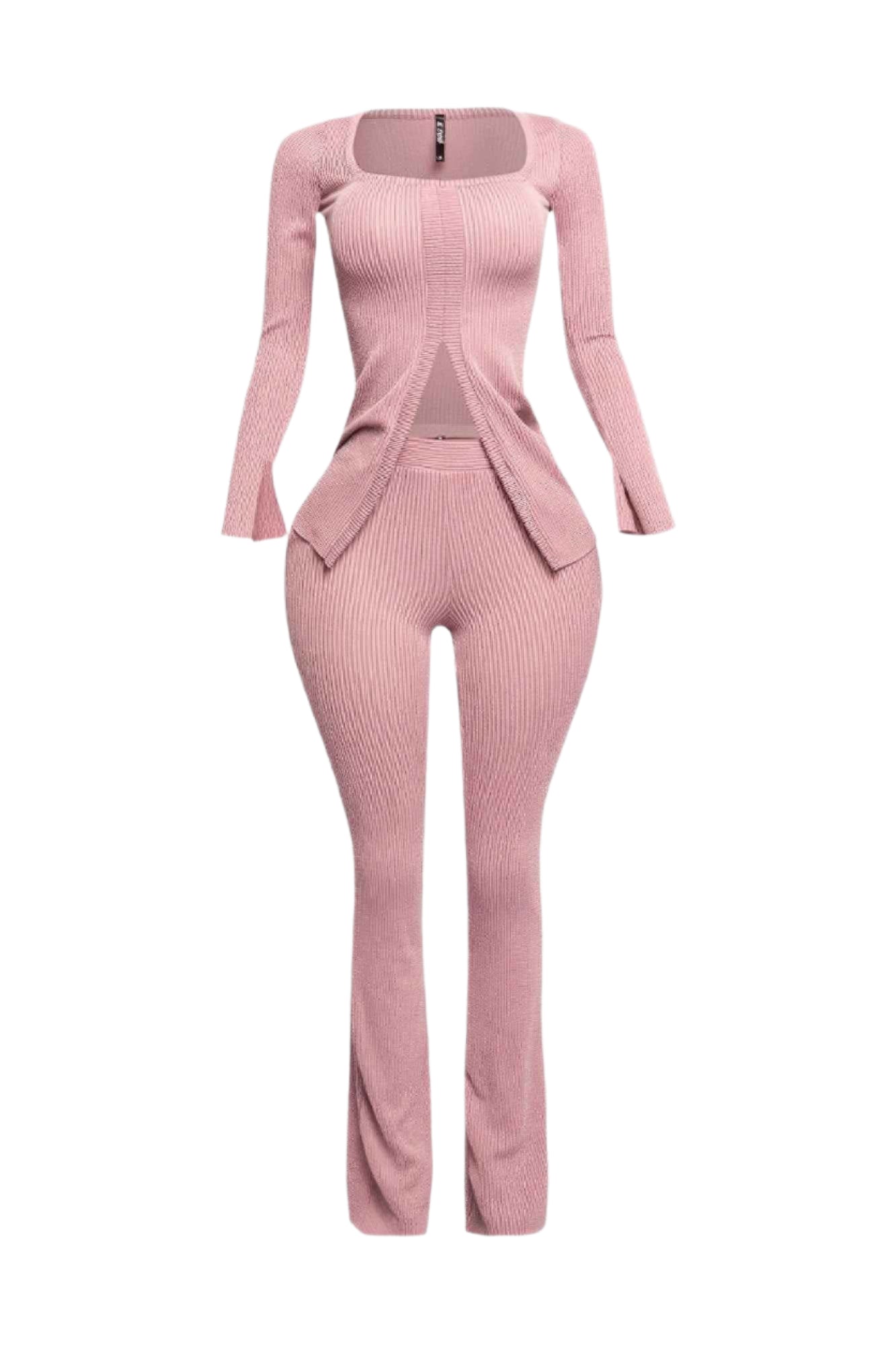 Plus Size Ribbed Pant Set With Slit Detail