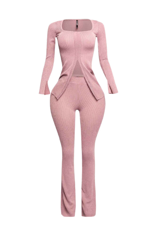 Plus Size Ribbed Pant Set With Slit Detail