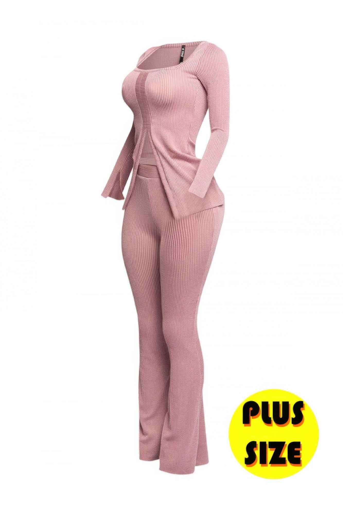 Plus Size Ribbed Pant Set With Slit Detail