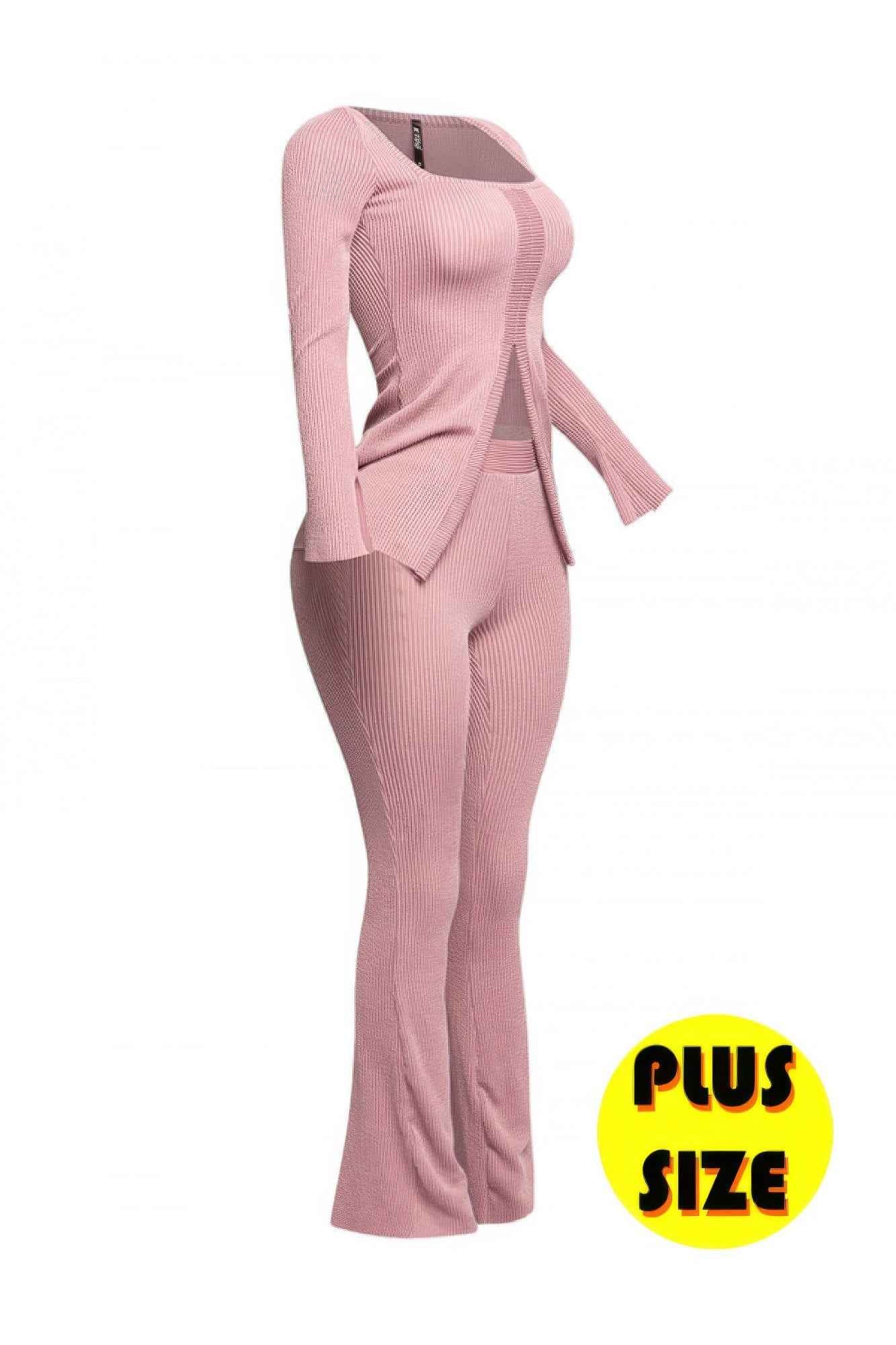 Plus Size Ribbed Pant Set With Slit Detail