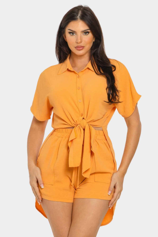 Front Tie Back Oversized Slit Top And Shorts Set