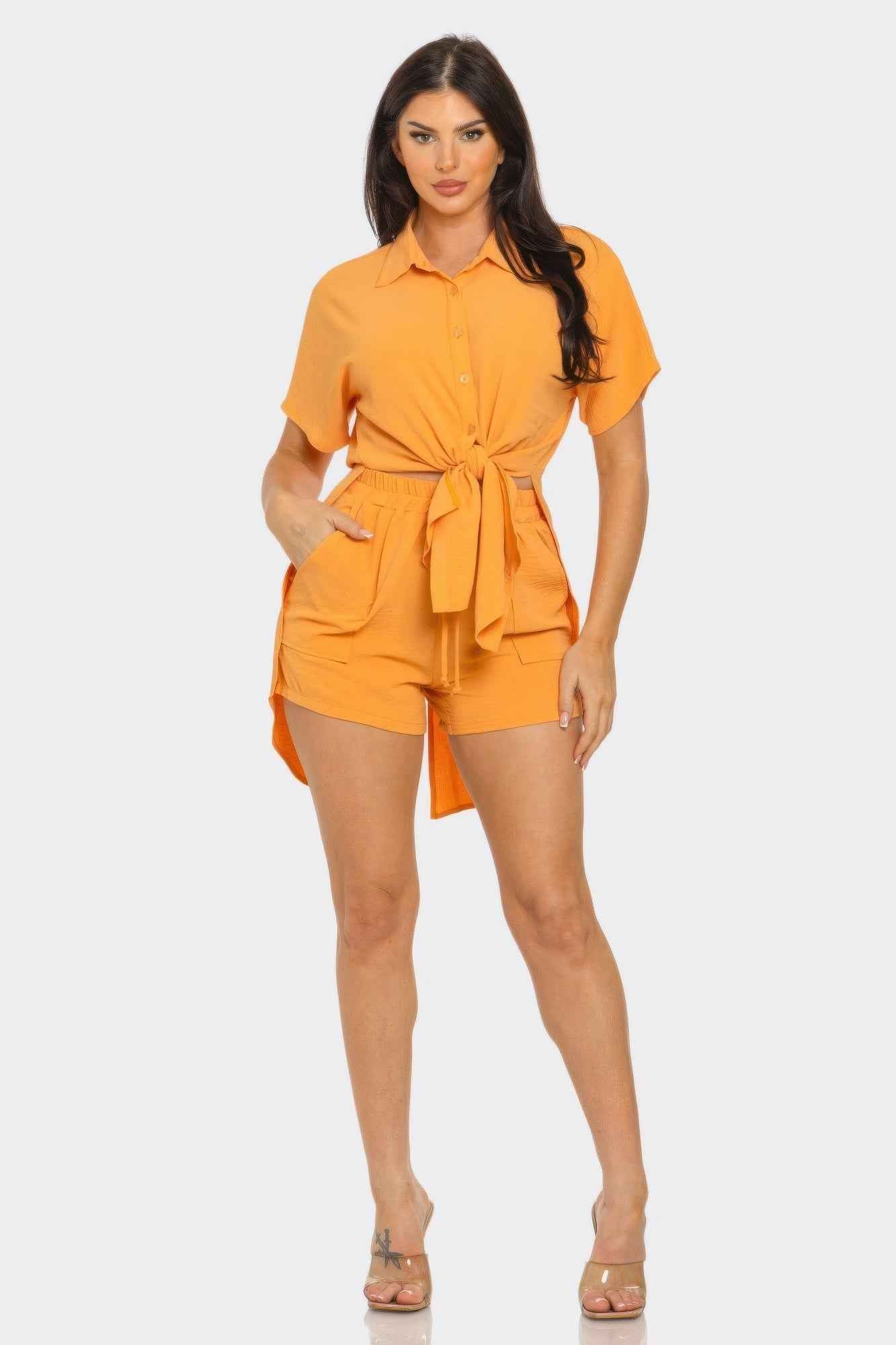 Front Tie Back Oversized Slit Top And Shorts Set