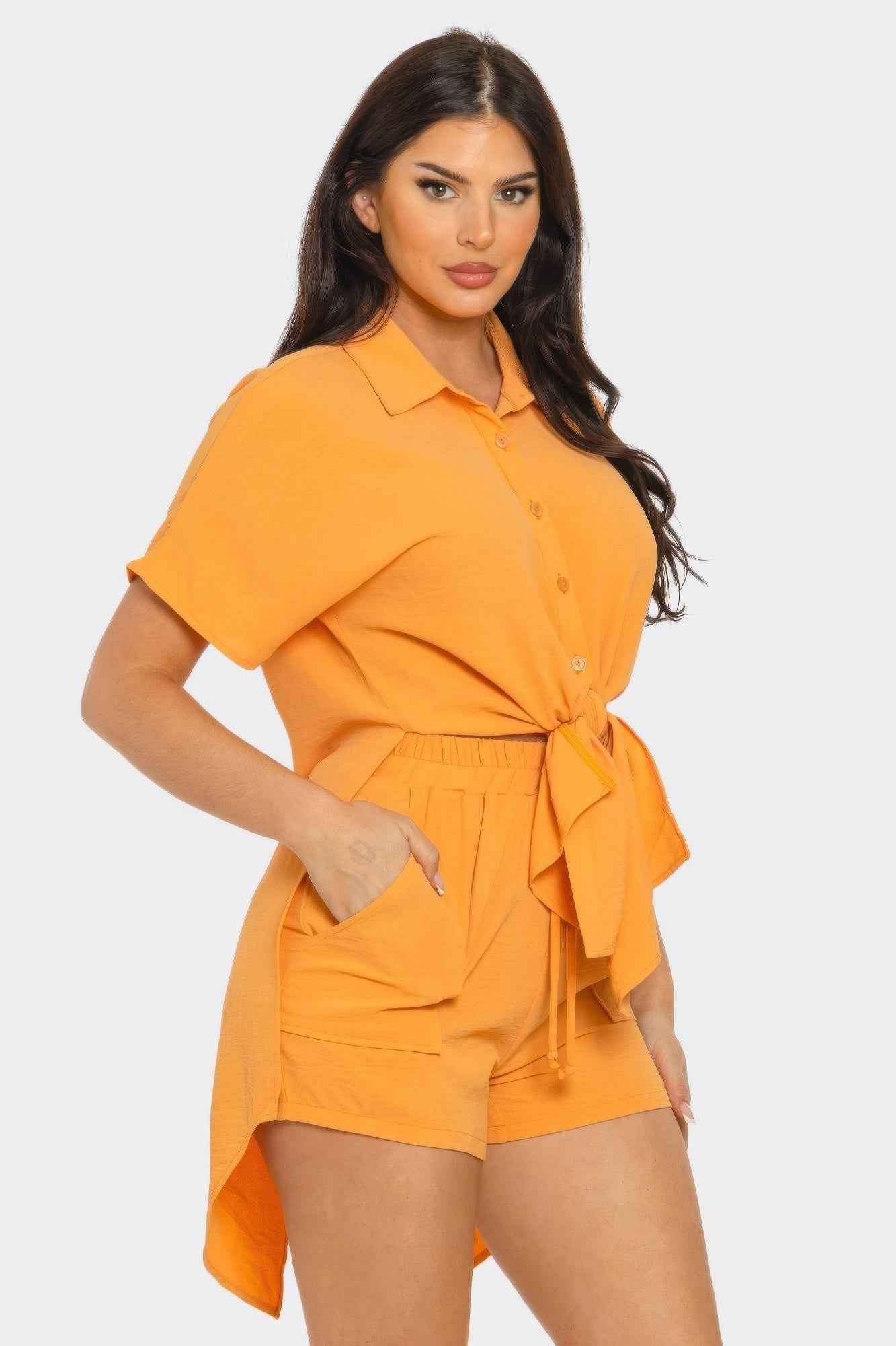 Front Tie Back Oversized Slit Top And Shorts Set