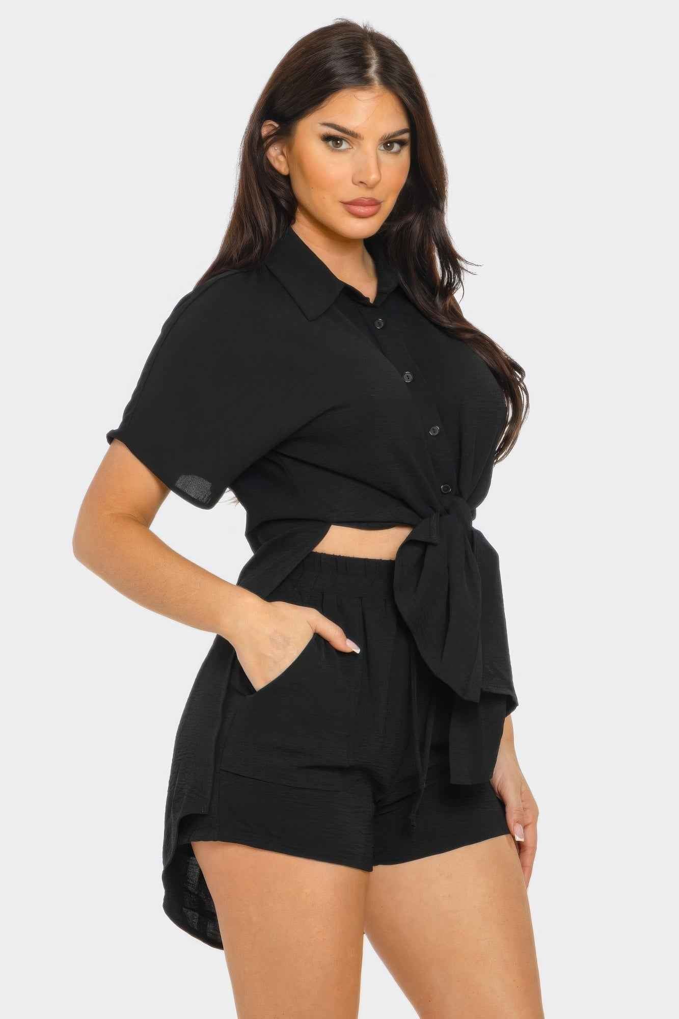 Front Tie Back Oversized Slit Top And Shorts Set