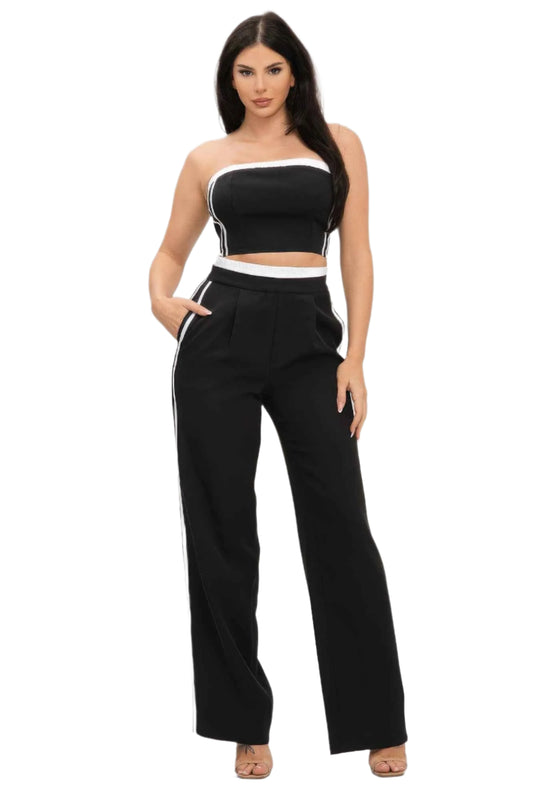 Stripe Tapping Contrast Elastic Band Toppants Set