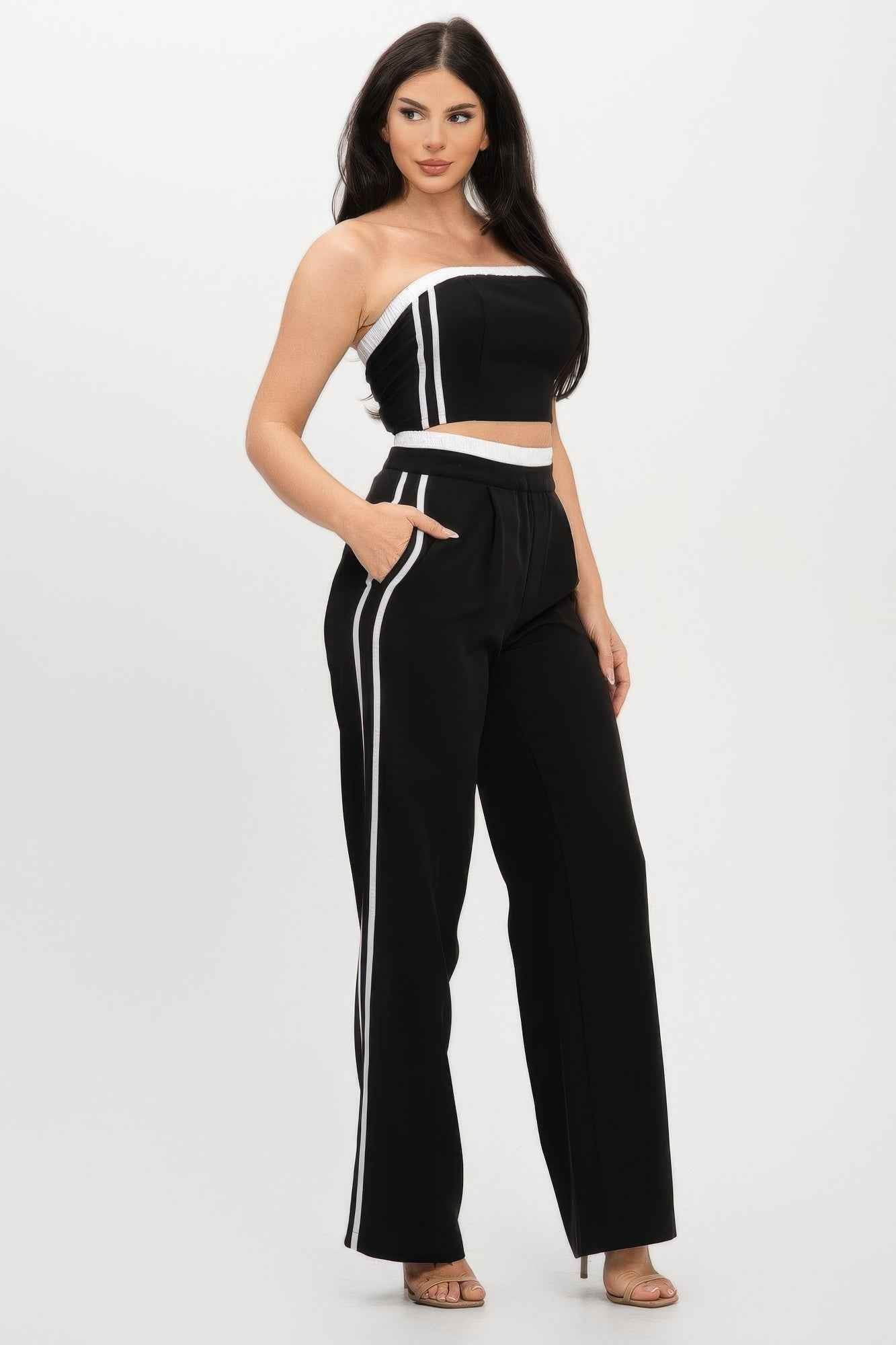 Stripe Tapping Contrast Elastic Band Toppants Set