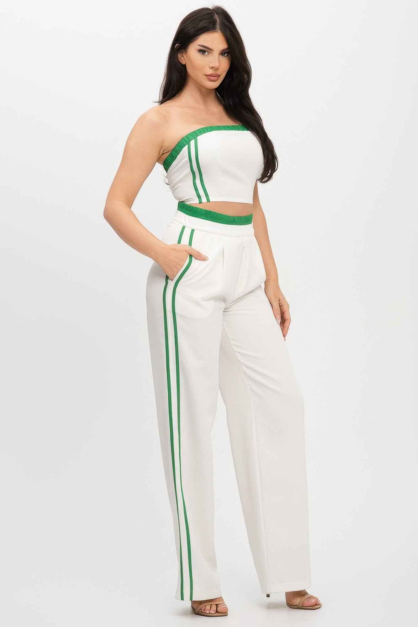 Stripe Tapping Contrast Elastic Band Toppants Set