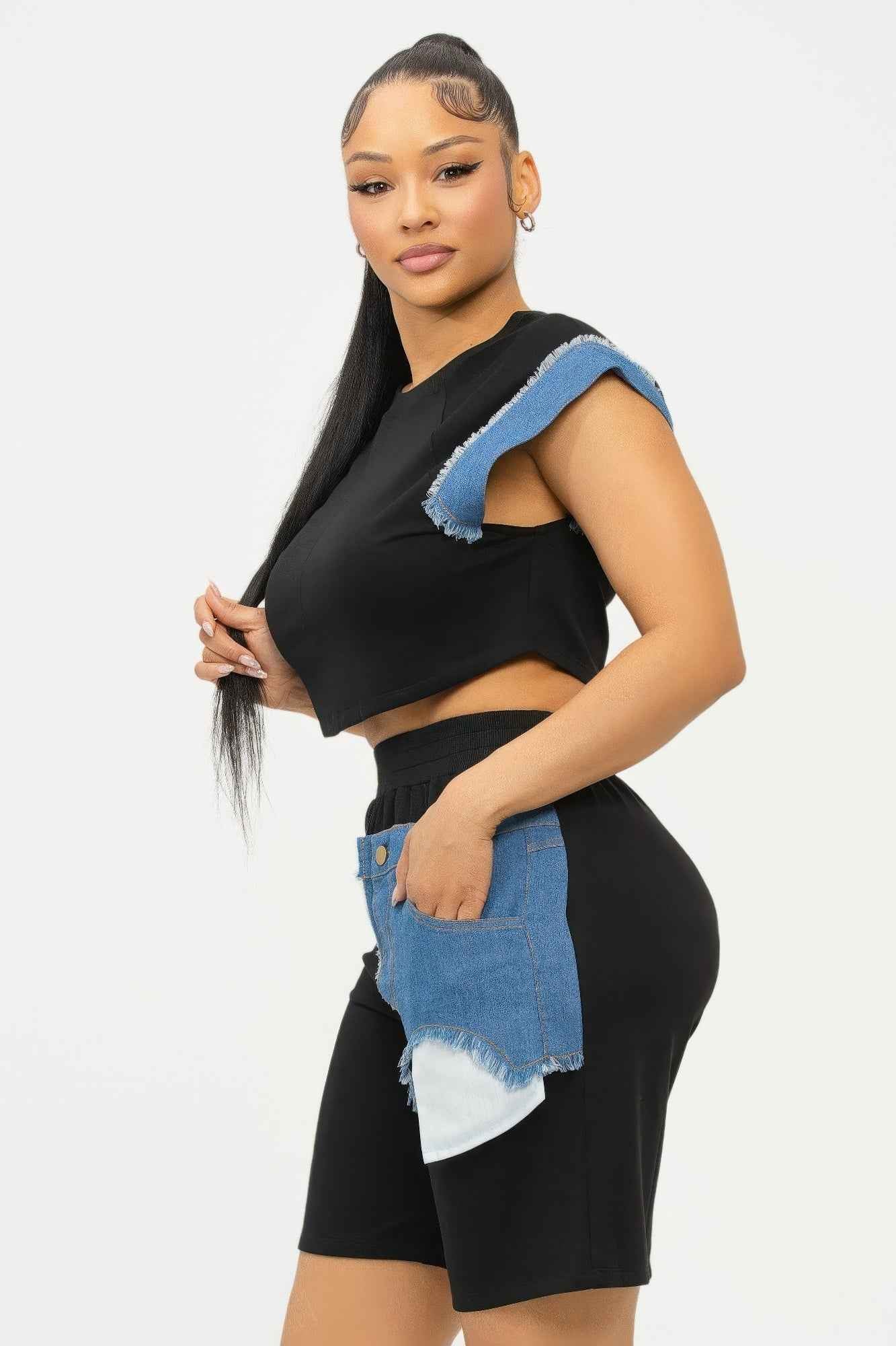Color Block Denim Sleeve Top And Biker Shorts Set