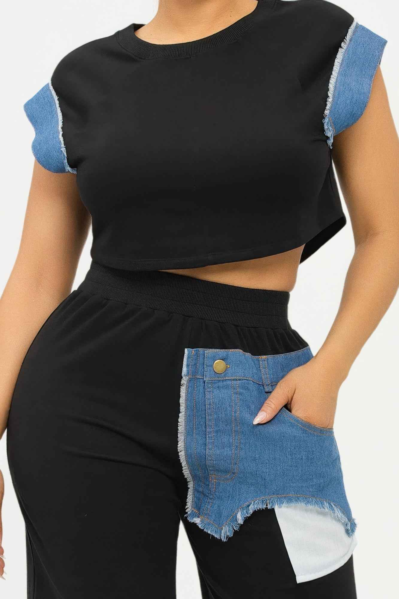 Color Block Denim Sleeve Top And Biker Shorts Set