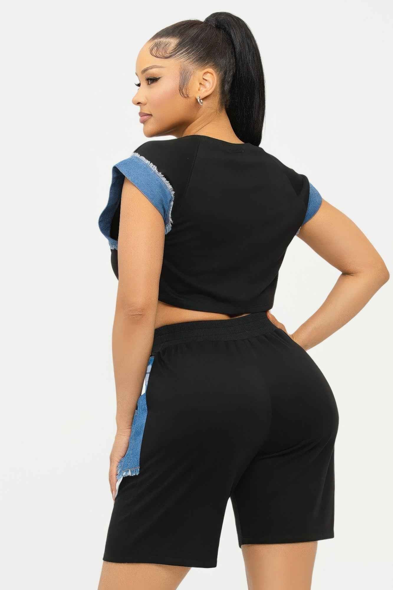 Color Block Denim Sleeve Top And Biker Shorts Set