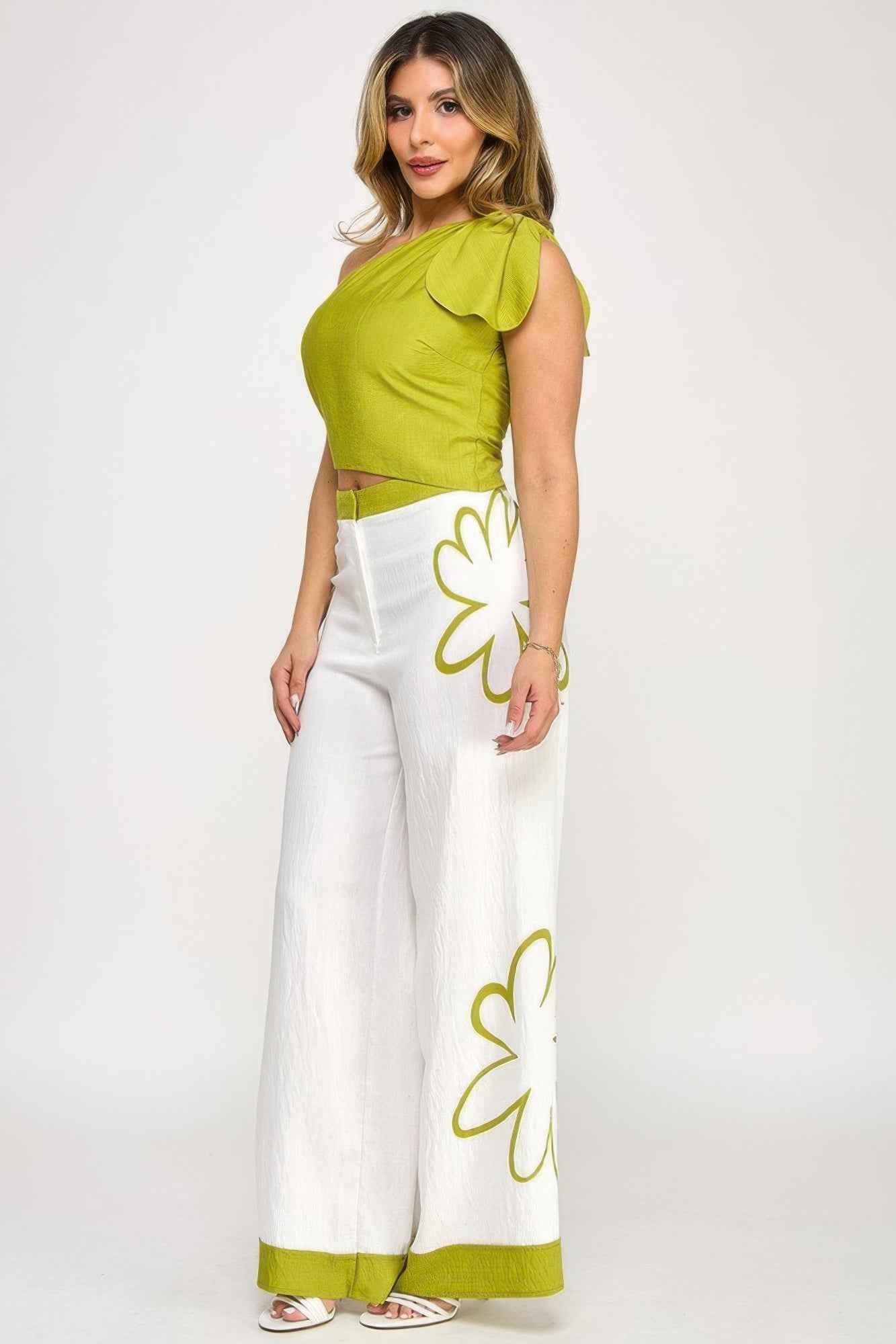 Bow One Shoulder Top With Print Pants Set