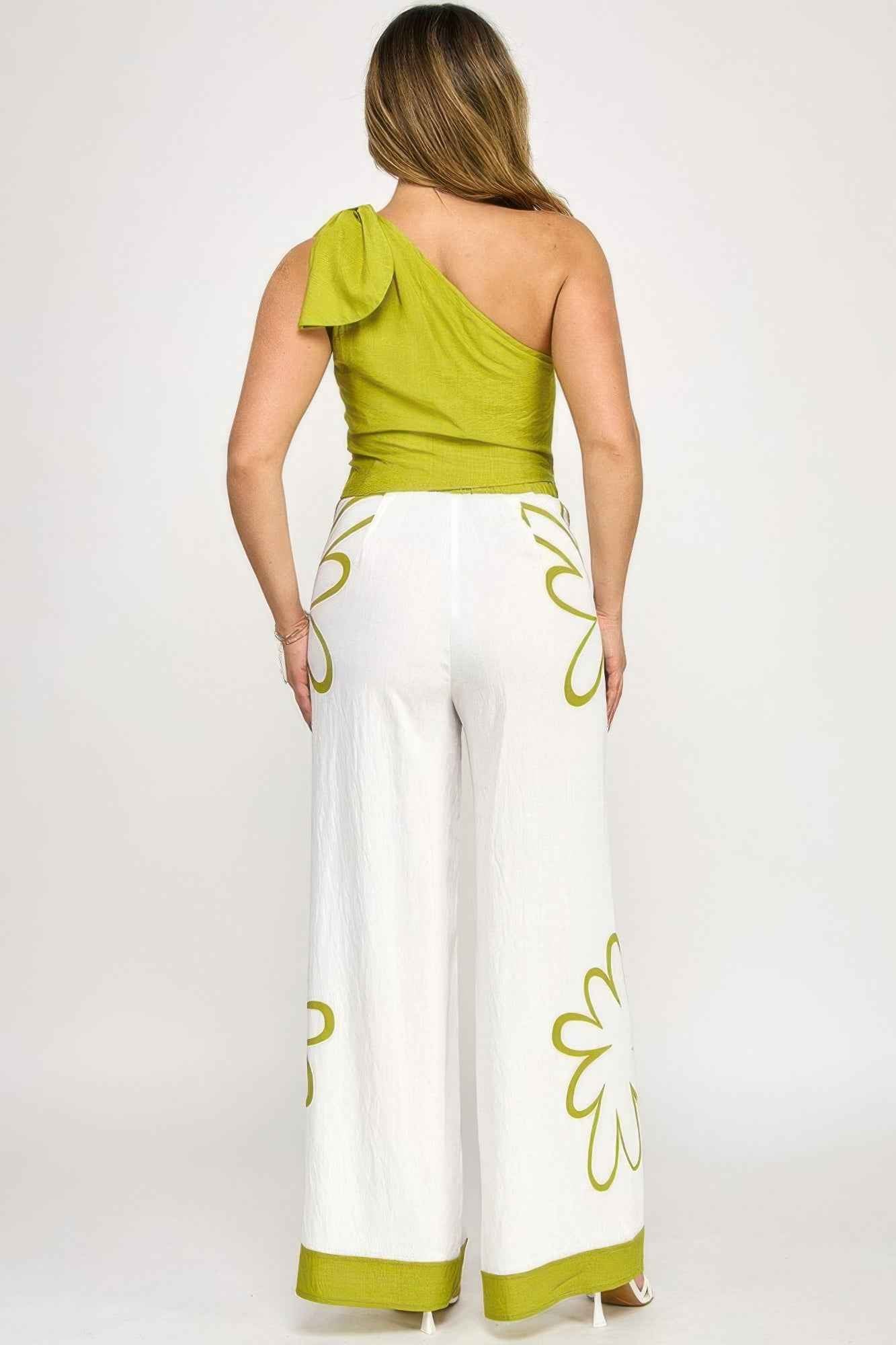 Bow One Shoulder Top With Print Pants Set