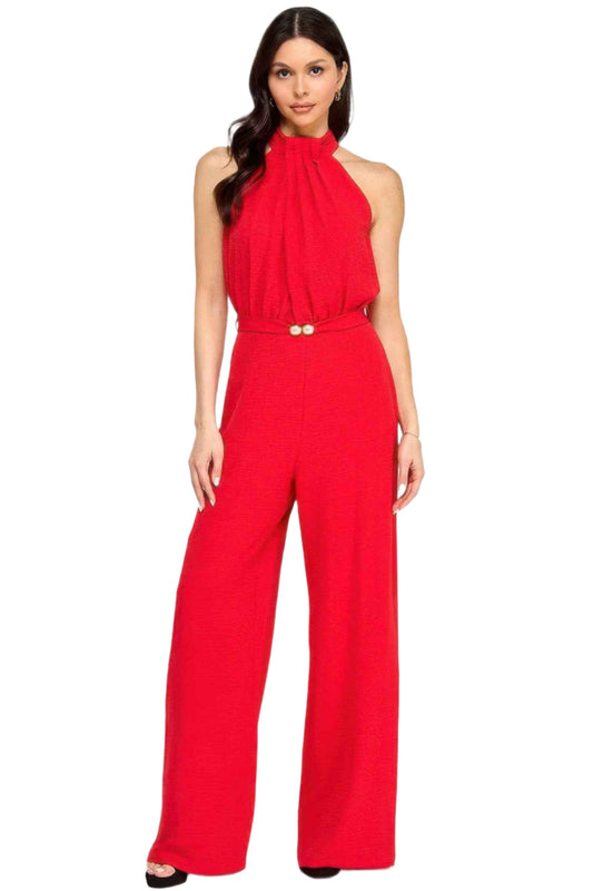 Halter Neck Pleated Top With Beaded Belt Jumpsuit