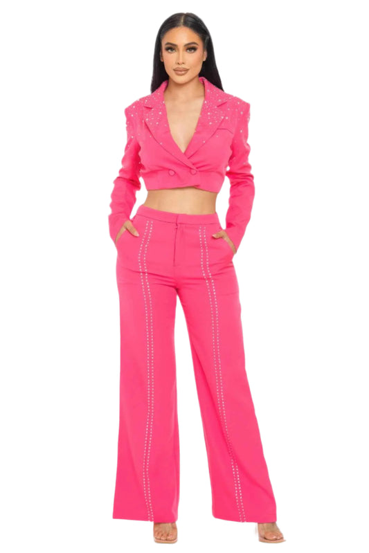 Rhinestone Detail Blazer And Pant Set