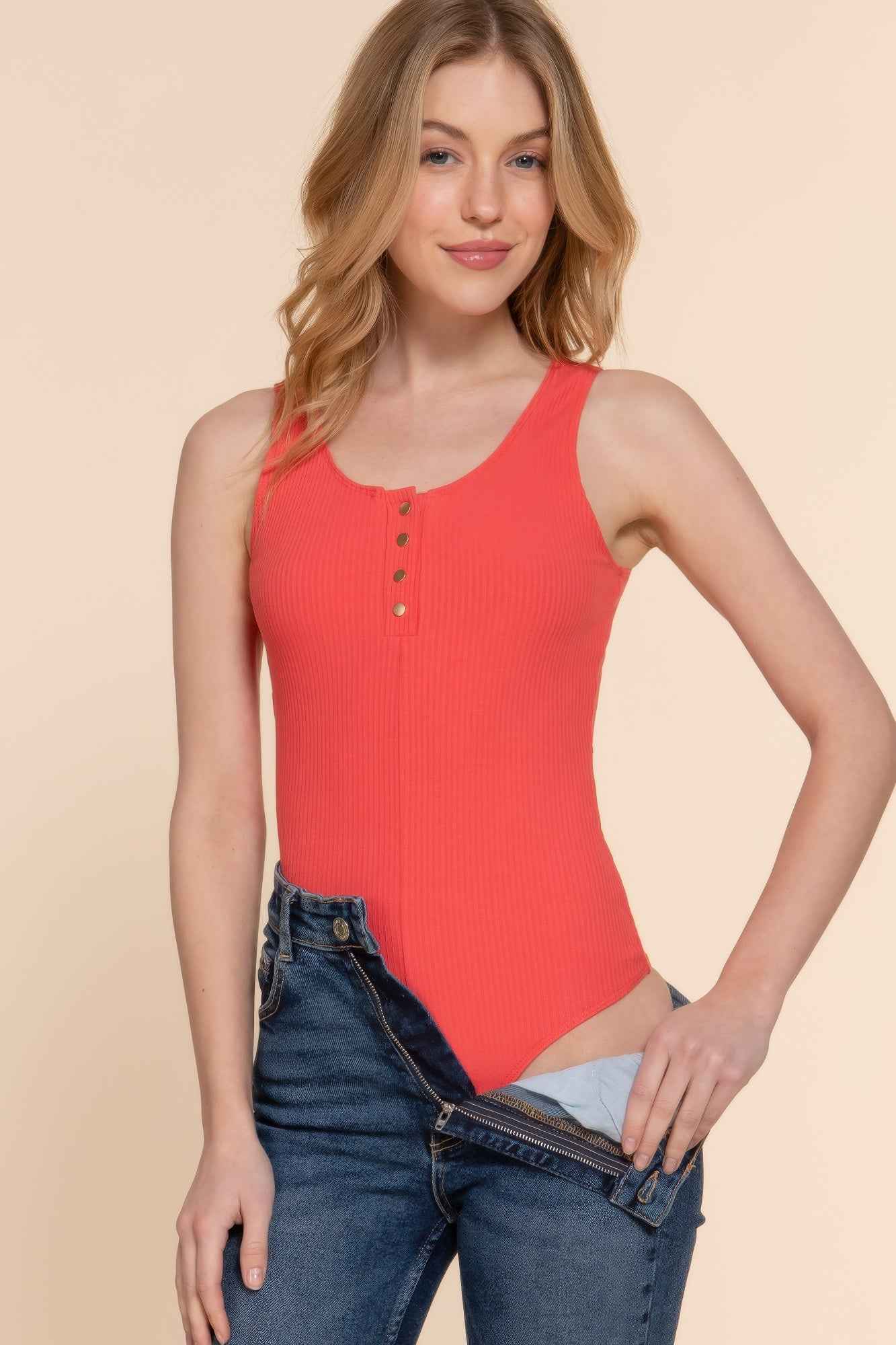 Sleeveless Henley Rib Knit Bodysuit