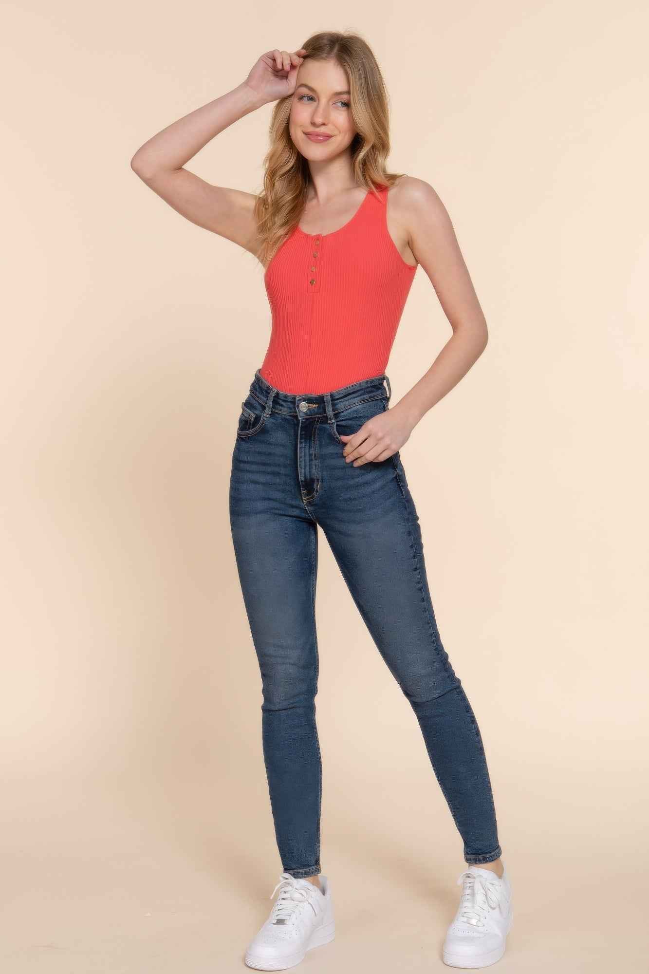 Sleeveless Henley Rib Knit Bodysuit