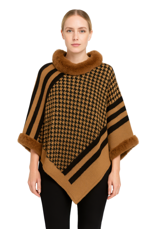 Patterned Knit Poncho With Faux Fur Trim