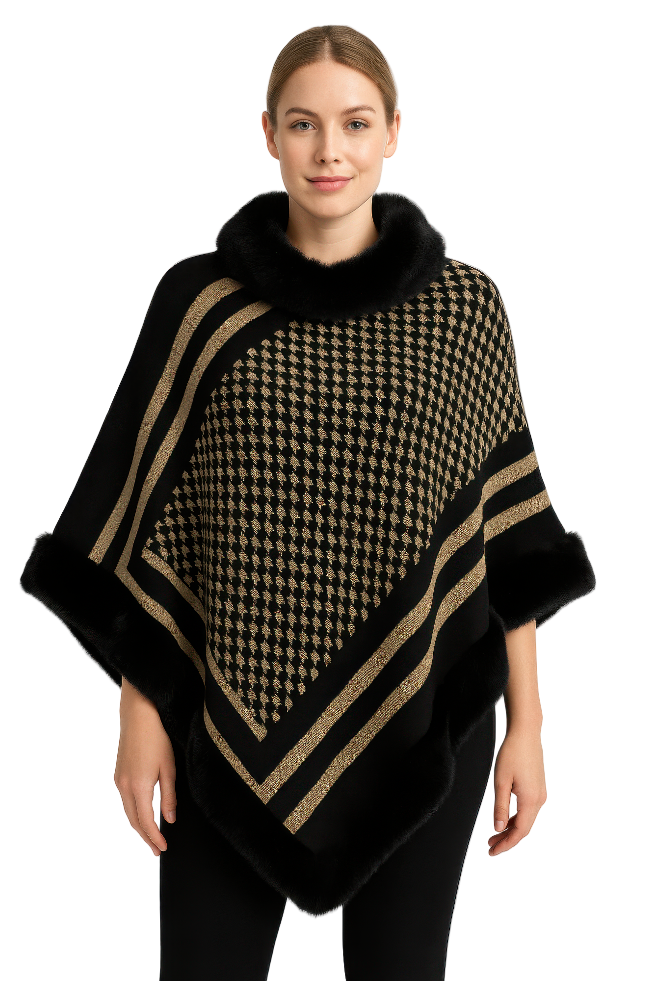 Patterned Knit Poncho With Faux Fur Trim