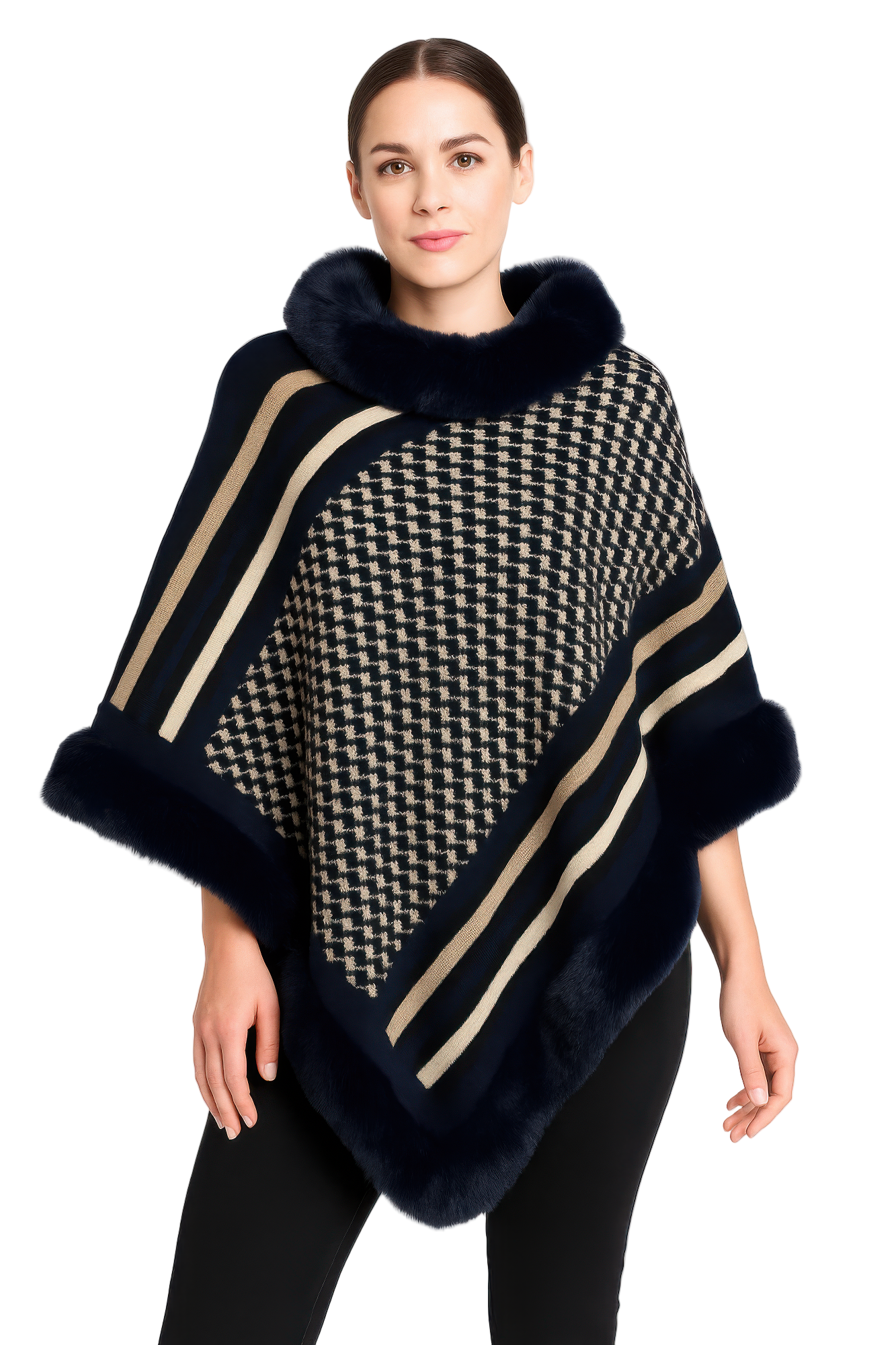 Patterned Knit Poncho With Faux Fur Trim
